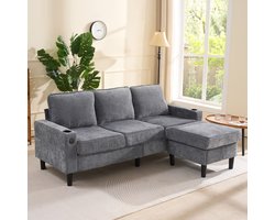 STILVORA Sofa - Luxe L-vormig - 3-Zits met 2 Drinkhouders & USB-aansluitingen - Voor Woonkamer, Slaapkamer & Kantoor - Grijs - Linnen