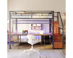 STILVORA Stapelbed 140x200 cm – Hoogslaper Met Onderbed 90x200 – Met Bureau, LED & Stopcontact – Opbergvak + Stoffen Lades – Metaal;MDF – Zwart – Zonder matras