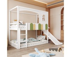 STILVORA Stapelbed 90x200 cm – Hoogslaper met huisframe en glijbaan – Met veiligheidsladder – Voor kinder- en speelkamer – Hout – Wit – Zonder matras
