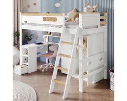 STILVORA Stapelbed 90x200 cm – Kinderstapelbed Met Vierzijdige Valbeveiliging – Bureau & Kledingkast Met Open Planken – Hout+MDF – Wit+Natuur – Zonder matras