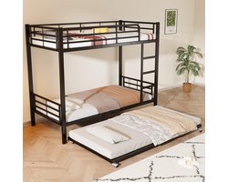 STILVORA Stapelbed 90x200 cm - Metaal Hoogslaper Met Veiligheidsbeugel En Uitrolbed - Geschikt Voor 3 Personen - Zwart