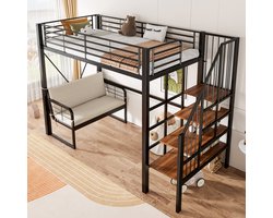 STILVORA Stapelbed 90x200 cm – Metalen Frame Met Afneembare Sofa – Trap Met Opbergruimte – Ruimtebesparend Voor Kinder En Logeerkamer – Metaal En Hout – Zonder matras – Zwart
