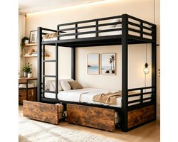 STILVORA Stapelbed 90x200 cm – Ruimtebesparend Kinderbed Met Ladder En Veiligheidsrails – Met Opberglades – Zonder Matras – Metaal – Zwart