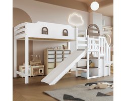 STILVORA Stapelbed 90x200cm – Bovenbed Met Hek & Ramen – Glijbaan En Opbergtreden Met 2 Vakken En Trap Met Leuning – Hout+MDF – Wit Zonder Matras