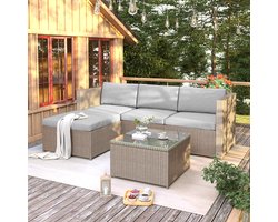 STILVORA Tuin Loungeset 196 x 136 x 67 Cm - Hoekbank Met Hocker En Tafel Met Glazen Blad - Voor Balkon En Terras - Polyrattan Khaki