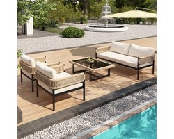 STILVORA Tuin Loungeset 4 Delig 113 x 71 x 63 cm - Verstelbare Poten En Glazen Tafelblad - Voor Tuin Balkon En Terras - IJzer Beige