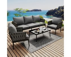 STILVORA Tuin Loungeset 4 Delig - 3 Zits Bank 2 Fauteuils En Salontafel - Met Kussens En Glazen Tafelblad - Polyester Grijs