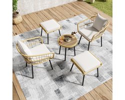 STILVORA Tuin Loungeset 5 Delig - Met Tafel 2 Stoelen 2 Hockers - Weerbestendig Met Kussens - Rotan Stof - Wit Naturel