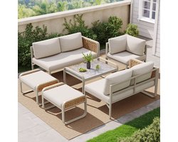 STILVORA Tuin Loungeset 6 7 Personen 120 X 61 X 69 Cm Verstelbare Poten Met Zit En Rugkussens Voor Tuin Balkon Terras Rattan Metaal Beige