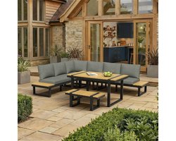 STILVORA Tuin Loungeset Hoekbank 6-Zits Met Bank - Verstelbare Rugleuning - Voor Tuin En Terras - Staal - Zwart Grijs