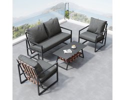 STILVORA Tuinlounge Set 4 Personen - Bank En Salontafel Met Opbergplank - Afneembare Wasbare Kussens - PVC Zwart