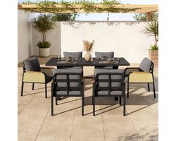 STILVORA Tuinmeubelset 6 Personen 148 X 80 X 75 Cm - Tafel Met 6 Stoelen Met Kussens - Voor Terras En Balkon - IJzer Polyester - Zwart Naturel