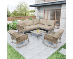 STILVORA Tuinmeubelset - Modulaire Hoekbank Met 2 Schommelstoelen En Tafel - Voor Tuin En Terras - Metaal - Beige