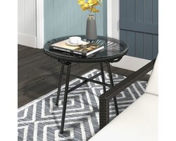 STILVORA Tuintafel - Boho Bijzettafel Voor Tuin En Balkon - Gehard Glazen Blad Met Rotanlook - Zwart - Rond - 50x50x50 Cm