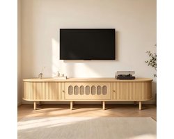 STILVORA TV Meubel 180 Cm - Licht Houtkleur Met Rotan Details En Klepdeur - Voor Woonkamer En 75 Inch Tv - MDF - 180x40x40 Cm