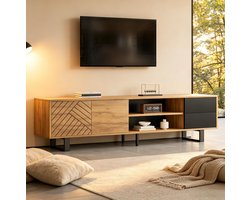 STILVORA Tv-Meubel - Met 2 Deuren En 2 Laden - Voor Woonkamer Of Hal - Spaanplaat En Metalen Poten - 180x40x50 Cm - Zwart;Natuurlijk