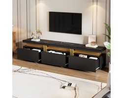 STILVORA TV-meubel met marmer-optiek, 3 lades en kabeldoorvoer - Geschikt voor 90-Zoll televisie - Voor woonkamer, eetkamer en slaapkamer - 200x40x42 cm - Hout - Zwart