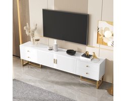STILVORA TV meubel - Modern TV-Lowboard Zwart - 2 Deuren, 4 Lades - Gouden Handgrepen En Poten - Rechthoekige Vorm - Voor Woonkamer En Slaapkamer - 175 L x 30 B x 46 H cm - MDF