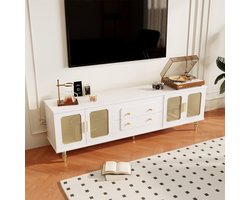 STILVORA TV-Meubel - Retro TV-Kast Met PVC-Rietdeuren En Gouden Handgrepen - Push-To-Open Laden En Veel Opbergruimte - Spaanplaat - 175x38x55,5 cm - Wit
