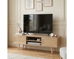 STILVORA TV Meubel - Rotan Schuifdeuren Met Verstelbare Planken - Voor Woonkamer En Kantoor - MDF En Massief Hout - Naturel Hout - 140x40 Cm