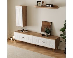 STILVORA Tv Meubelset - 3 Delig Met Dressoir En Wandplank - Gesneden Deurpanelen Voor Woonkamer - Spaanplaat - Wit;Naturel