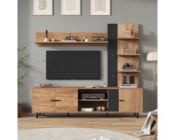 STILVORA TV-Meubelset - Compact Met 3 Kasten En Open Legplank - Veel Opbergruimte En Dempende Scharnieren - Spaanplaat - 187,5x40x167 cm - Zwart+Notenbruin