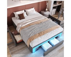 STILVORA Tweepersoonsbed 140x200 cm – Gestoffeerd bed Zonder Hoofdeinde – Lades & RGB LED-lichtstrip – Kunstleer;Metaal – Grijs – Zonder matras