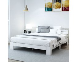 STILVORA Tweepersoonsbed 140x200 cm - Grenen Bed Met Hoofdeinde En Lattenbodem - Wit - Zonder Matras