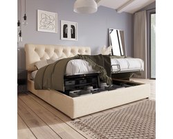 STILVORA Tweepersoonsbed 160x200 cm – Verstelbaar Hoofdeinde 106-112 cm – Hydraulische Opbergruimte Onder Lattenbodem – Linnen – Beige – Zonder Matras