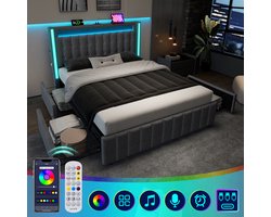 STILVORA Tweepersoonsbed 160x200cm – met USB-C & 3x USB Laadfunctie – LED & 4 Opberglades – met Hoofdbord-Opbergruimte – Linnen – Grijs – zonder matras