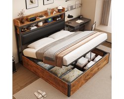STILVORA Tweepersoonsbed 180x200 cm – Gestoffeerd Bed Met Hydraulische Opbergruimte – USB-Poorten – Metaal+Hout – Zwart – Zonder matras