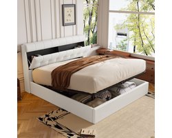 STILVORA Tweepersoonsbedden 140x200 cm - Gestoffeerd Bed Met Groot Bedkast - Hydraulisch, Inclusief Lattenrost - Bed Met Opbergruimte - PU - Wit