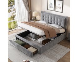 STILVORA Tweepersoonsbedden 140x200 cm - Gestoffeerd Bed Met Lattenbodem - Dubbelbed Met Extra Opbergruimte - Fluweel - Grijs