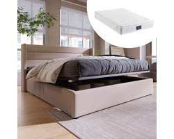 STILVORA Tweepersoonsbedden 160x200 cm - Gestoffeerd Bed Met Ladefunctie En Opbergruimte - Linnen - Beige
