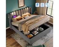 STILVORA Tweepersoonsbedden 160x200cm - Gestoffeerd Bed met Opbergruimte en Dubbele USB-Lader - Fluweel - Grijs
