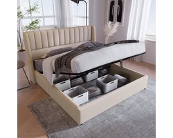 STILVORA Tweepersoonsbedden 180x200 cm - Gestoffeerd Bed Met Onderopbergruimte - Hydraulisch Opbergbed Inclusief Lattenbodem - Linnen - Beige
