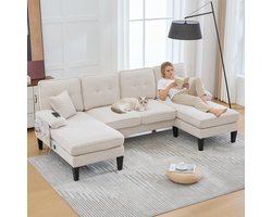 STILVORA U Bank 250 X 130 X 88 Cm - 4 Zits Met Twee Chaise Longues En Usb Opladen - Voor Woonkamer En Familiekamer - Linnen Beige