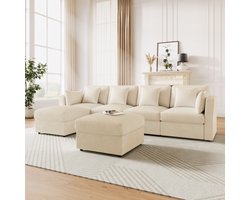 STILVORA U-Bank 290 x 159,5 cm - Modulaire Hoekbank Met Verstelbare Armleuningen En Hockers - Voor Woonkamer En Slaapkamer - Ribstof Beige