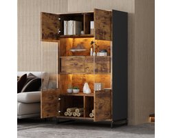 STILVORA Vitrine - MDF Displaykast Met Bluetooth LED En Acryldeuren, 2 Laden, 6 Vakken, Anti-Kantelen Veiligheid, USB Stroom, 80x40x138 cm, Zwart+Notenbruin