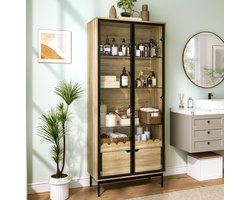 STILVORA Vitrinekast - Glazen Deuren Met Verstelbare Planken En Lade - Modern Voor Woonkamer, Slaapkamer En Hal - MDF - Zwart En Naturel - 75x35x170,8 Cm
