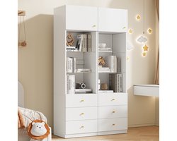 STILVORA Vitrinekast - Smal Opbergmeubel Met Verstelbare Glasplanken En Laden - Voor Woonkamer En Hal - MDF En Glas - 50x40x180 Cm - Wit