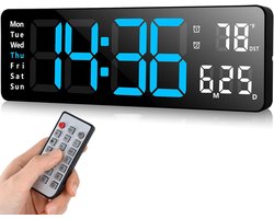 STILVORA Wandklokken Grote Digitale Wandklok – Elektronische LED Klok Met Afstandsbediening, Datum- En Temperatuurweergave – ABS – Zwart – 32×10,5 cm