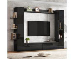 STILVORA Wandmeubel Met Tv Kast - Hoogglans Opbergwand Met Vakken En Kasten - Woonkamer - MDF - 245x30x170 Cm - Zwart