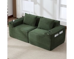 STILVORA Zitbank 188 X 90 X 75 Cm - Modulaire 2-Zits Met Bekerhouders En Zijvakken - Voor Woonkamer En Appartement - Cordstof Groen
