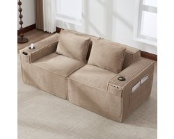 Stilvora Zitbank 2 Zits - Modulaire Corduroy Bank Met Bekerhouders En Zijvakken - Voor Woonkamer En Appartement - Stof - Khaki