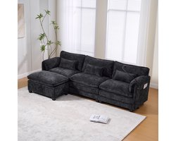 STILVORA Zitbank - 3-Zits Modern Design Met USB Interface En Modulaire Ottomane - Zijzakken Telefoonhouder Geheugenschuim En Comfortabele Chenille - Perfect Voor Woonkamer Appartement En Home-Office - Chenille Stof - Zwart