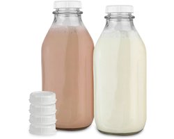 Stock Your Home Glazen melkfles van 1 liter Met Deksel (set van 2) 32 Oz Kannen En 6 Witte Doppen, Herbruikbare Voedselveilige Melkcontainer Voor In De Koelkast, Flessen Voor Sap, Haver- Of Plantaardige Melk, Water, Honing