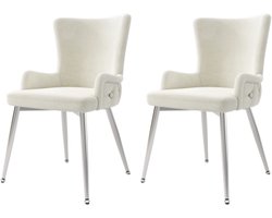 Stoel 55x45x85 cm Luxe Eetkamerstoel Beige Fluweel Met Vier Zilveren Metalen Poten Woonkamer Slaapkamer Loungestoel