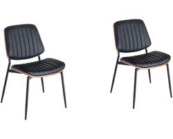 Stoel 57x49x83cm Eetkamerstoelen 2-Delige Set Zwart PU Leer Houten Rugleuning Metalen Poten Verstelbare Voet Keuken Eetkamer