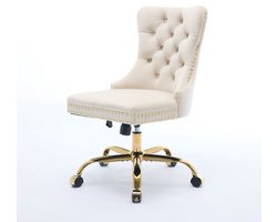 Stoel 64x49x91-98cm Thuisbureau Stoel Beige Fluweel Verstelbare Draaistoel Met Gouden Metaalbasis Tufted Knopen Voor Thuis Kantoor